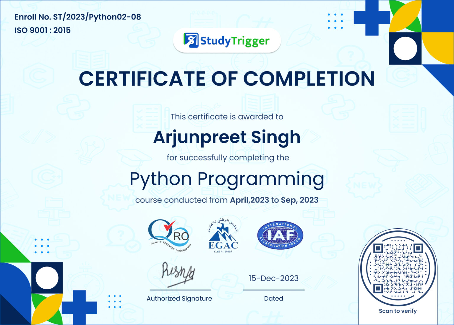 Arjunpreet Singh python certificate - Study Trigger